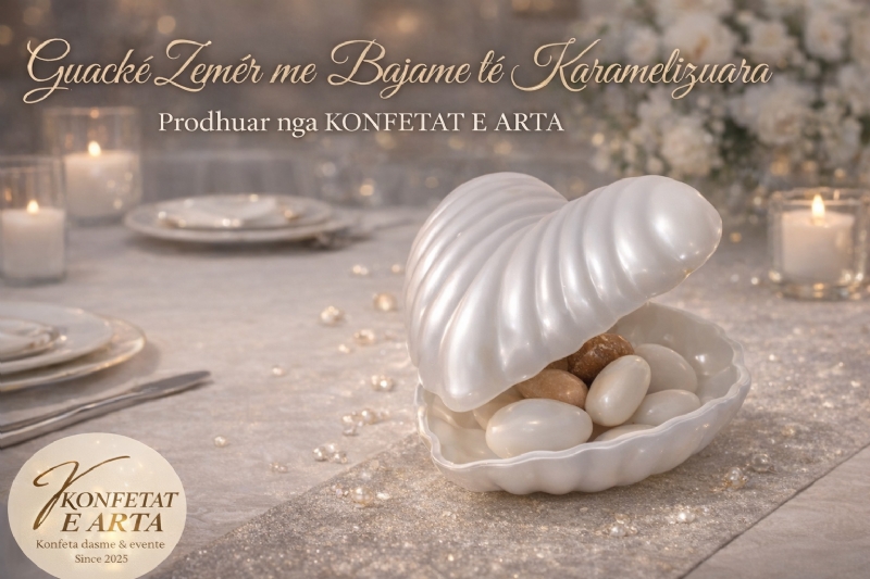 Guacke zemer me bajame te karamelizuara nga KONFETAT E ARTA, konfete elegante e personalizuar, konfete per dasme, konfete per fejesa me fjongo, konfete me etikete, konfete me bajame te karamelizuara, konfete guacke me bajame