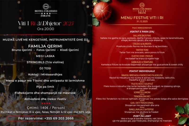Festa e Vitit te Ri te hotel Colosseo Tirane 140€, oferta per darken e vitit te ri 2026, muzik live familja Qerimi, menu darka e vitit te ri, oferta per festat e fundvitit, rezervime dark familjare